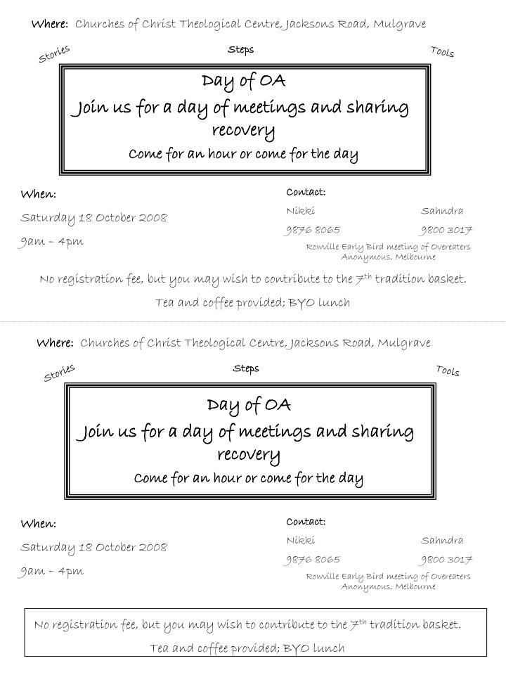 day of oa join us for a day of meetings and sharing recovery come for an hour or come for the day