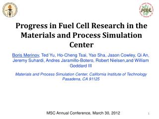 Progress in Fuel Cell Research in the Materials and Process Simulation Center