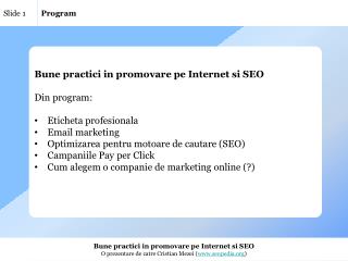 Bune practici in promovare pe Internet si SEO Din program: Eticheta profesionala Email marketing
