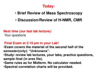Today: Brief Review of Mass Spectroscopy Discussion/Review of H-NMR, CMR