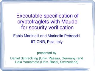 Executable specification of cryptofraglets with Maude for security verification
