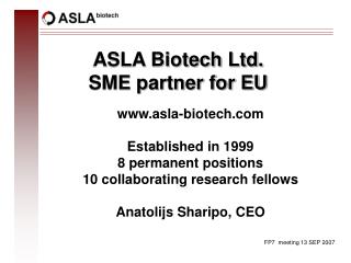 ASLA Biotech Ltd. SME partner for EU
