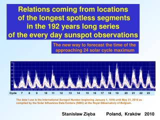 Relations coming from locations of the longest spotless segments in the 19 2 years long series