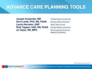 ADVANCE CARE PLANNING TOOLS