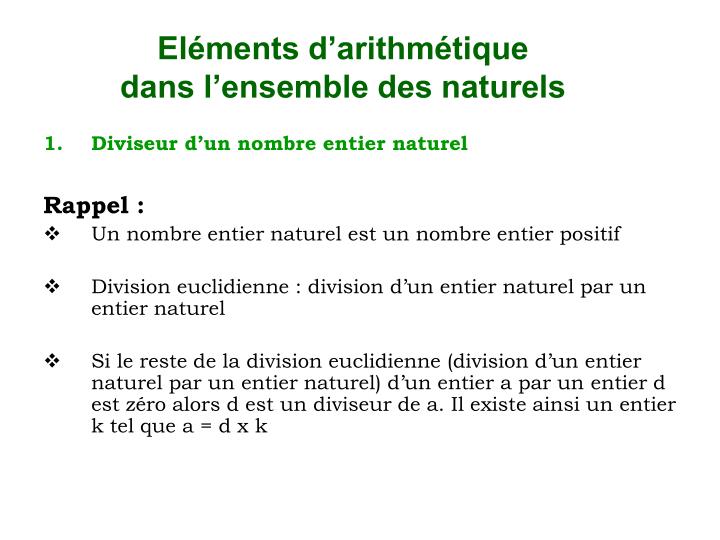 el ments d arithm tique dans l ensemble des naturels