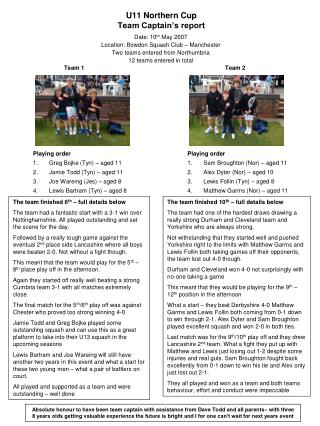 U11 Northern Cup Team Captain’s report