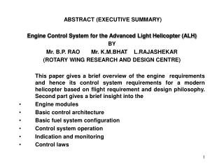 ABSTRACT (EXECUTIVE SUMMARY) Engine Control System for the Advanced Light Helicopter (ALH) BY