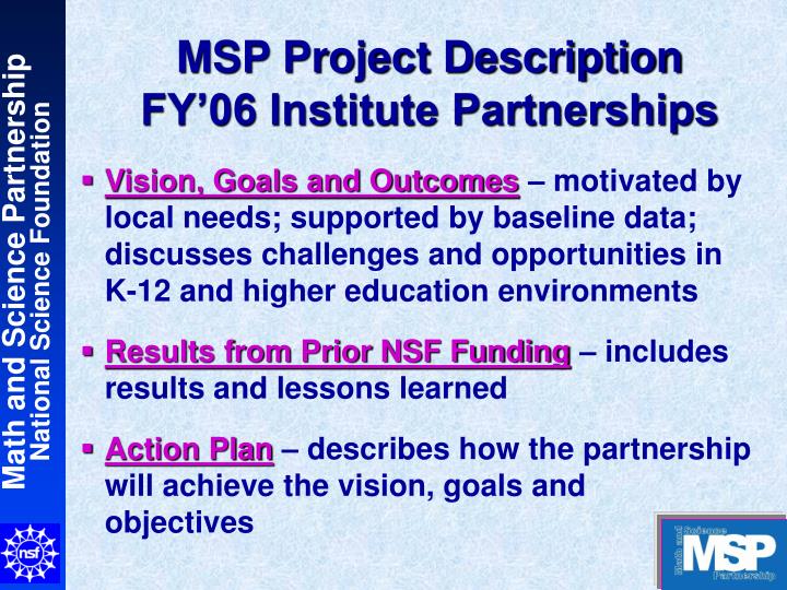 msp project description fy 06 institute partnerships