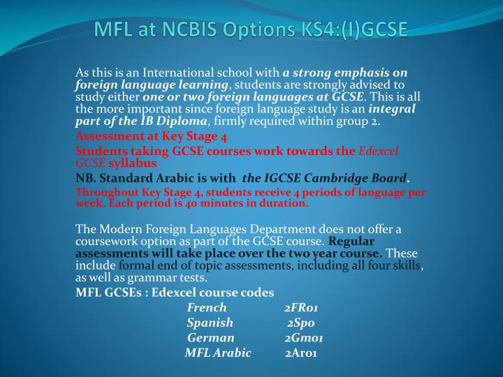 mfl at ncbis options ks4 i gcse