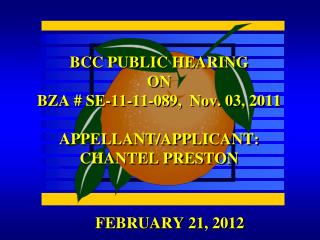 BCC PUBLIC HEARING ON BZA # SE-11-11-089, Nov. 03, 2011 APPELLANT/APPLICANT: CHANTEL PRESTON