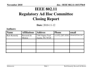 IEEE 802.11 Regulatory Ad Hoc Committee Closing Report