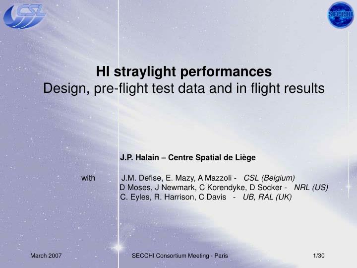 hi straylight performances design pre flight test data and in flight results