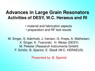 Advances in Large Grain Resonators Activities of DESY, W.C. Heraeus and RI