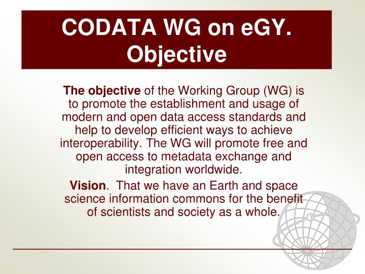 codata wg on egy objective