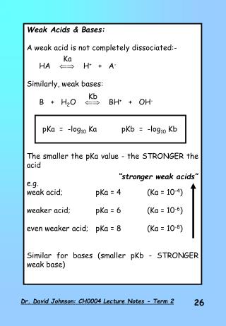 Weak Acids &amp; Bases: A weak acid is not completely dissociated:- 	HA ?? H + + A -