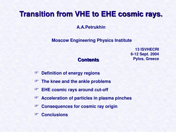 transition from vhe to ehe cosmic rays