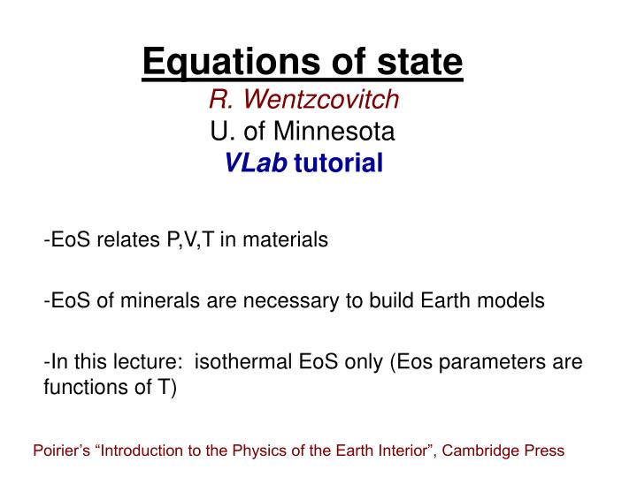 equations of state r wentzcovitch u of minnesota vlab tutorial