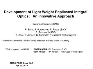 Development of Light Weight Replicated Integral Optics: An Innovative Approach