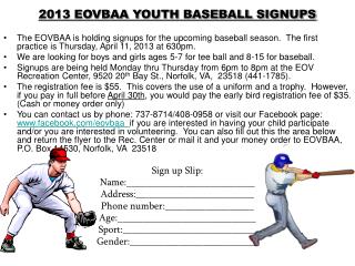 2013 EOVBAA YOUTH BASEBALL SIGNUPS