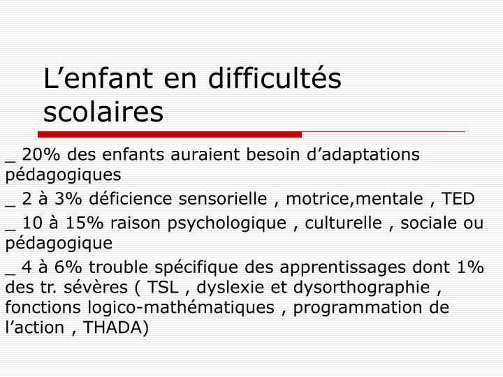 l enfant en difficult s scolaires