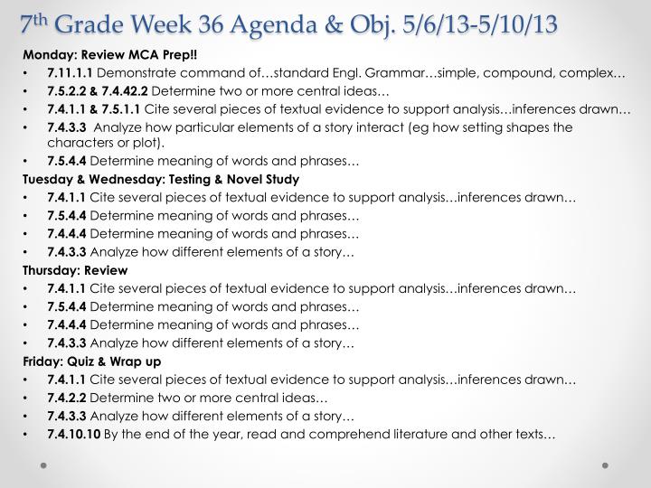 7 th grade week 36 agenda obj 5 6 13 5 10 13