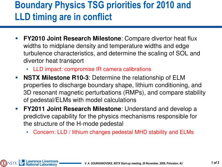 boundary physics tsg priorities for 2010 and lld timing are in conflict