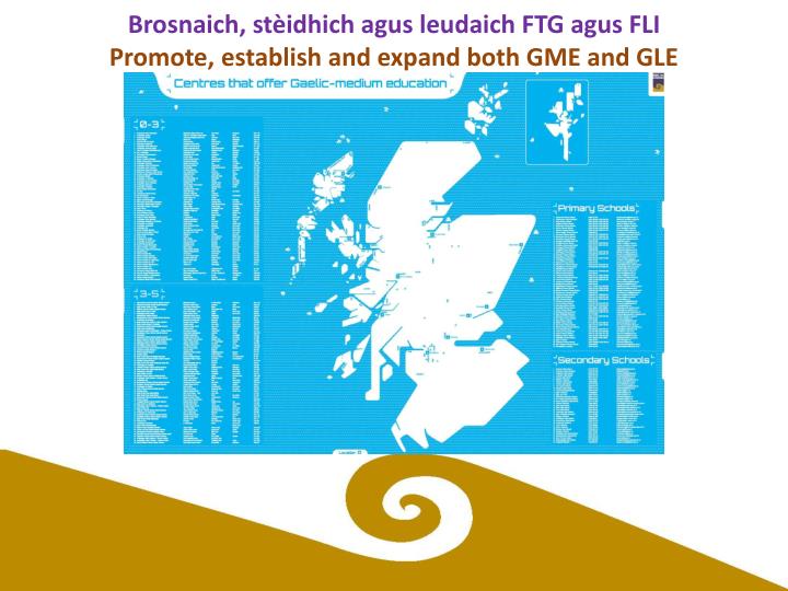 brosnaich st idhich agus leudaich ftg agus fli promote establish and expand both gme and gle