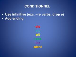 CONDITIONNEL Use infinitive (exc. –re verbs, drop e) Add ending - ais - ais - ait -ions - iez