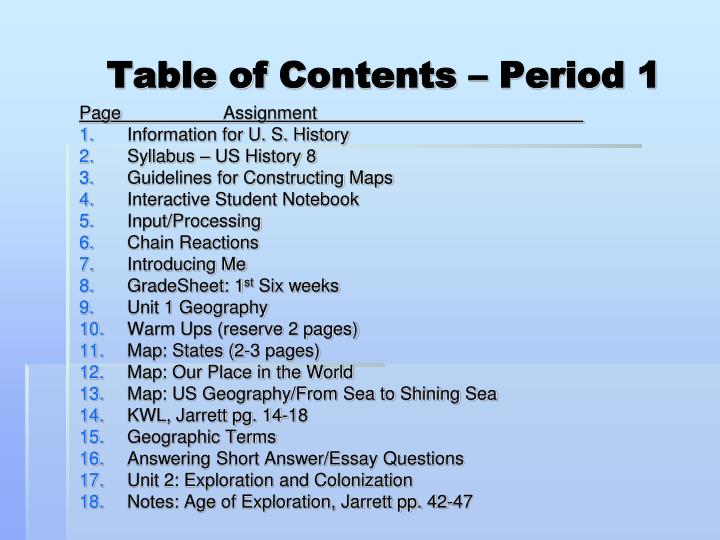 table of contents period 1