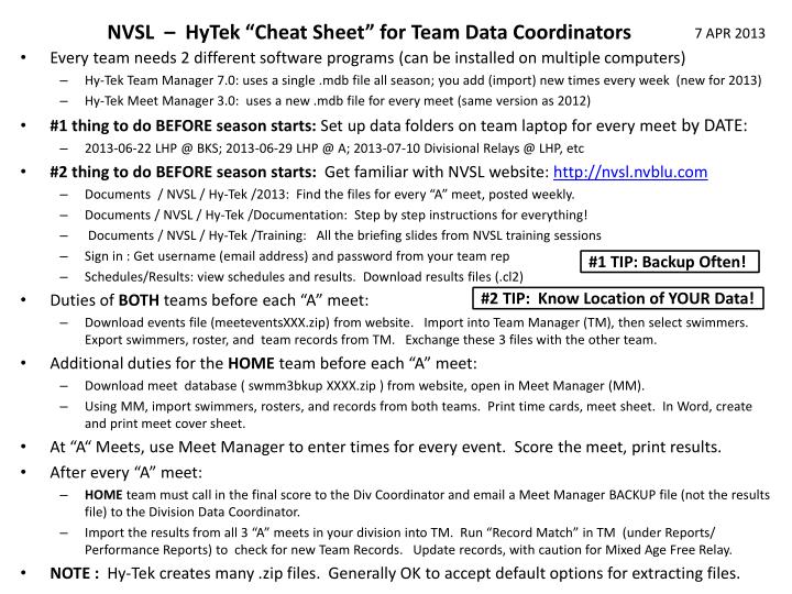 nvsl hytek c heat sheet for team data coordinators