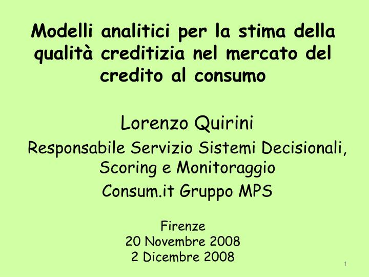 modelli analitici per la stima della qualit creditizia nel mercato del credito al consumo