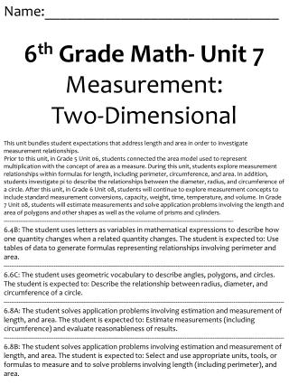 Name:_______________________________ 6 th Grade Math- Unit 7 Measurement: Two-Dimensional