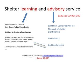 Shelter learning and advisory service CARE and CENDEP, OBU