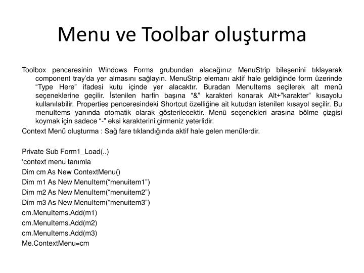 menu ve toolbar olu turma