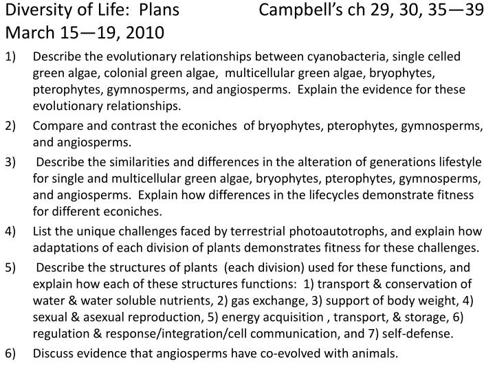 diversity of life plans campbell s ch 29 30 35 39 march 15 19 2010