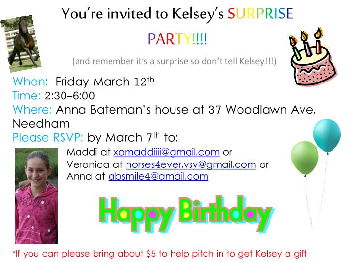 you re invited to kelsey s s u r p r i s e p a r t y