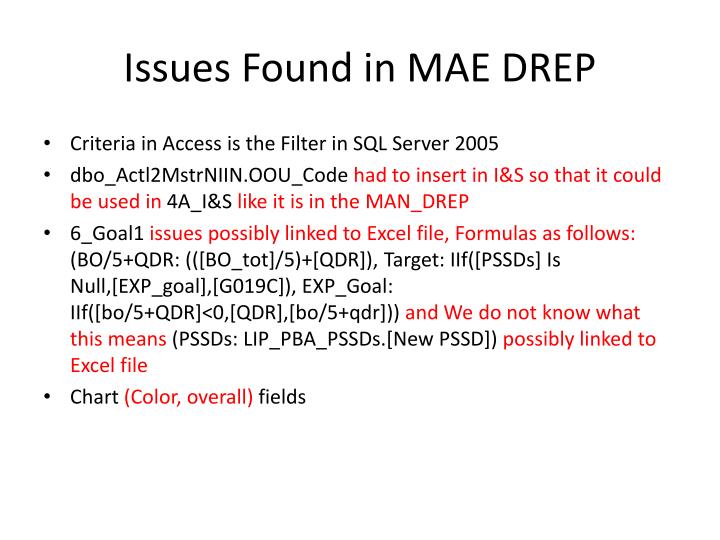 issues found in mae drep