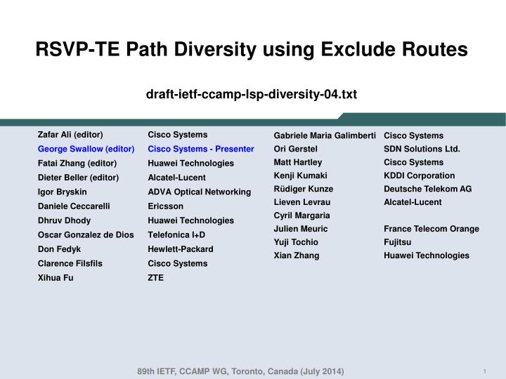rsvp te path diversity using exclude routes draft ietf ccamp lsp diversity 04 txt