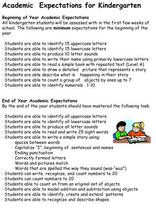 Academic Expectations for Kindergarten Beginning of Year Academic Expectations