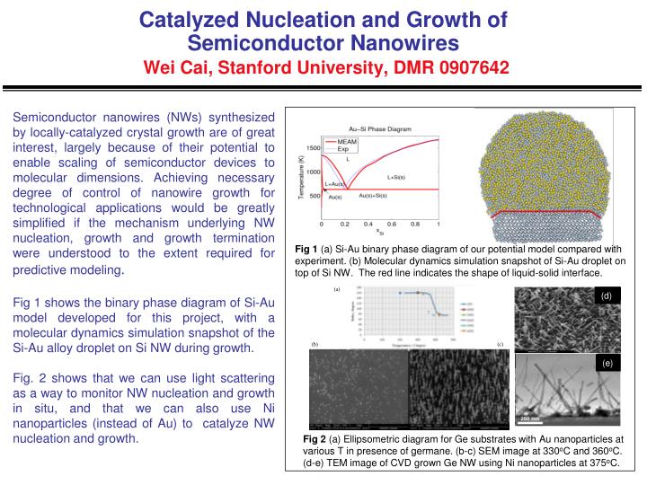 catalyzed nucleation and growth of semiconductor nanowires wei cai stanford university dmr 0907642