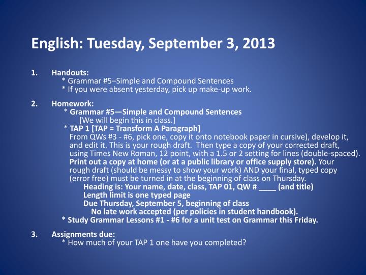 english tuesday september 3 2013