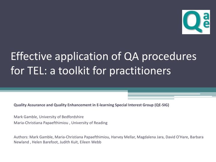 effective application of qa procedures for tel a toolkit for practitioners
