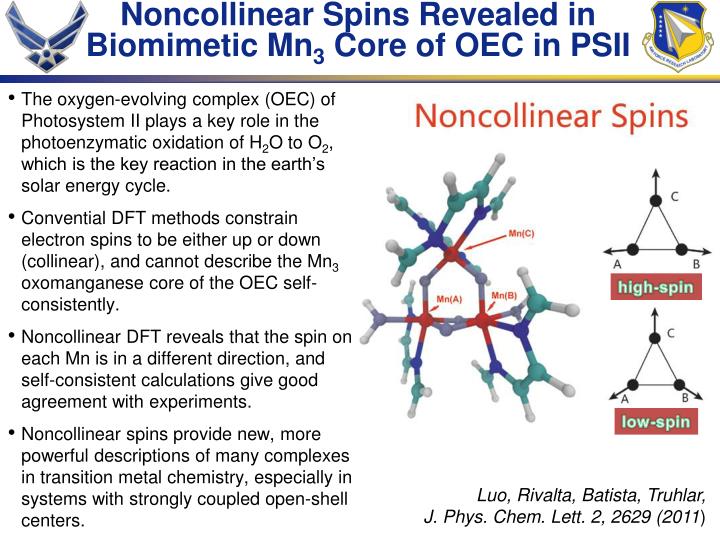 noncollinear spins revealed in biomimetic mn 3 core of oec in psii