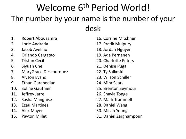 welcome 6 th period world the number by your name is the number of your desk
