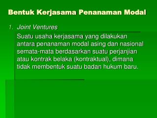 bentuk kerjasama penanaman modal