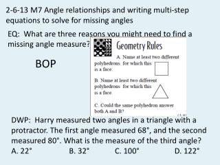 2-6-13 M7 Angle relationships and writing multi-step equations to solve for missing angles