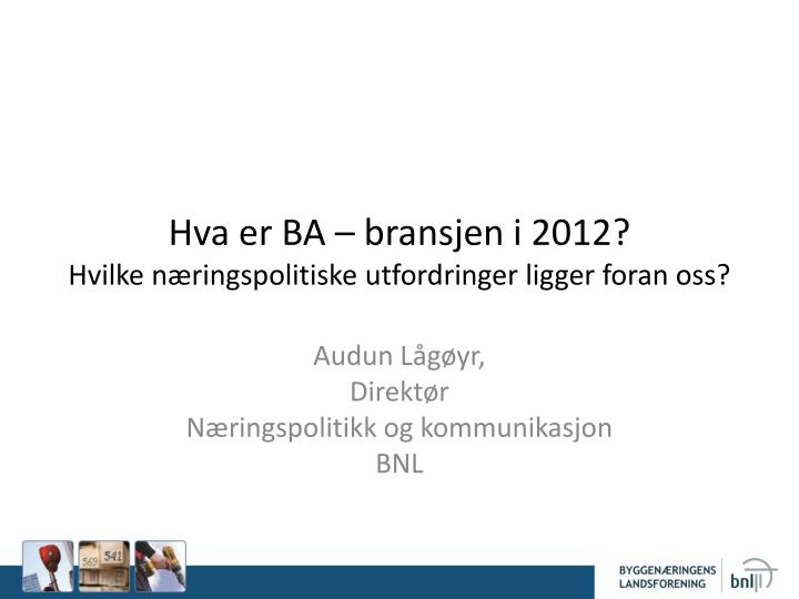 hva er ba bransjen i 2012 hvilke n ringspolitiske utfordringer ligger foran oss