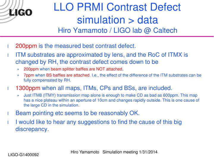 llo prmi contrast defect simulation data hiro yamamoto ligo lab @ caltech