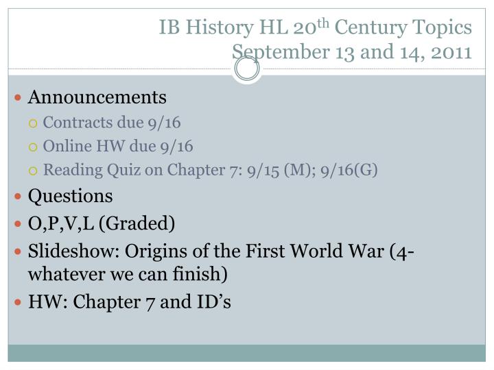 ib history hl 20 th century topics september 13 and 14 2011