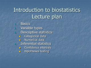 Introduction to biostatistics Lecture plan